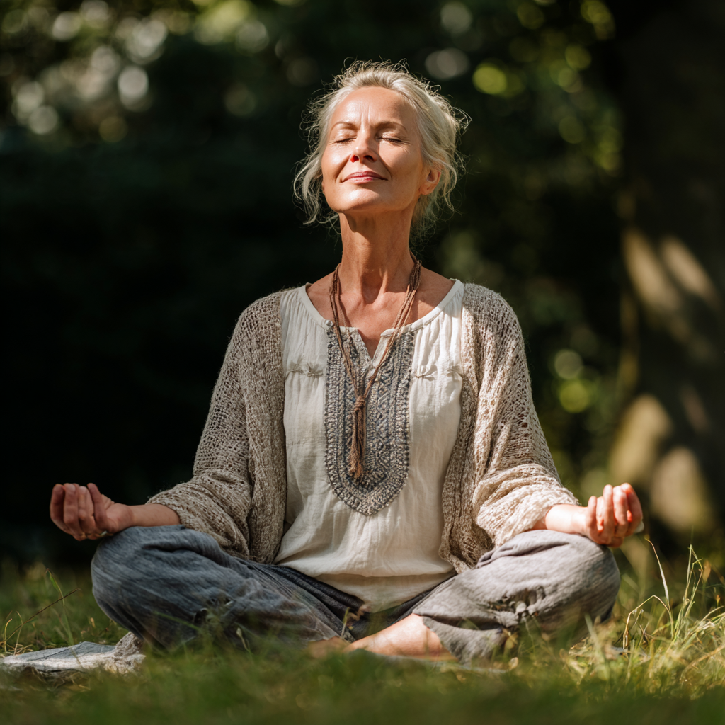 Peaceful elderly Ukrainian woman practicing gentle yoga poses in a serene natural setting with soft morning light