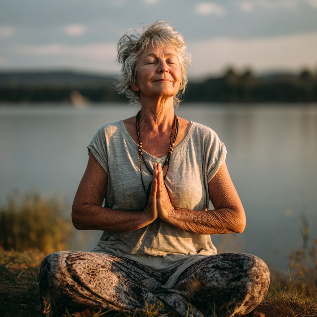 Smiling middle-aged Ukrainian man holding a glass of water during yoga practice, surrounded by green plants in a bright, airy studio